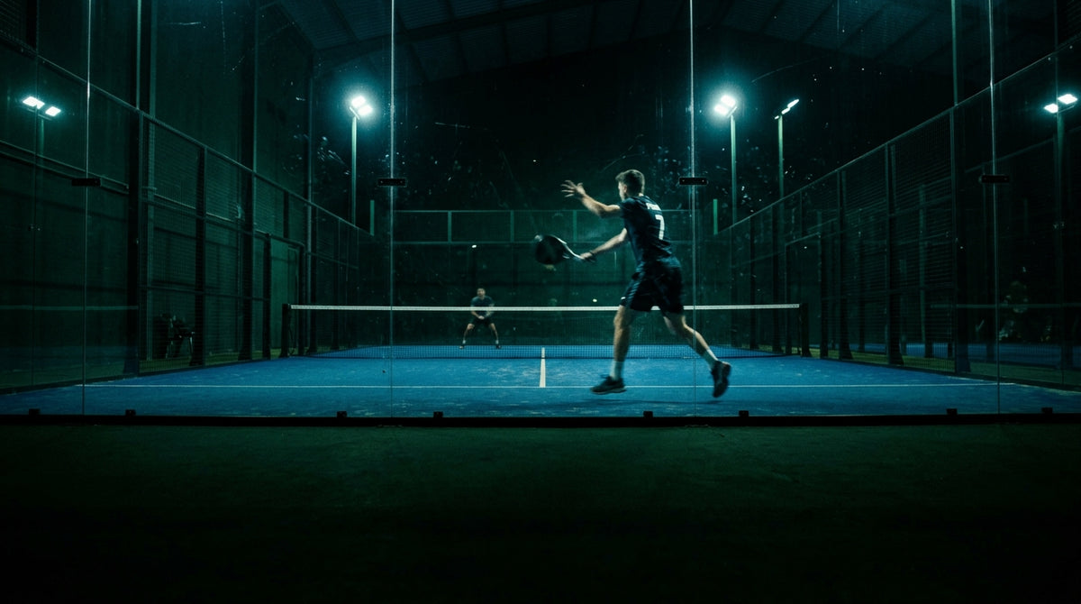 Padel under floodlights behind the glass