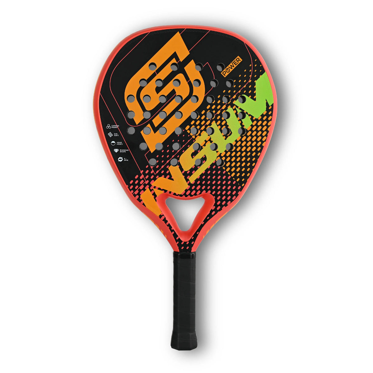 INSUM Power Inferno padel racket in orange on black, front view