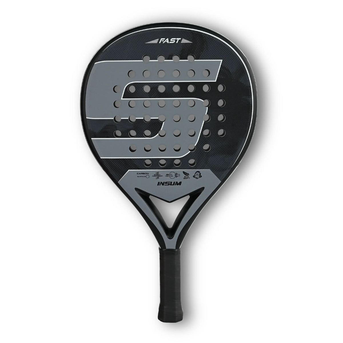 INSUM Fast Stealth padel racket in black and gray, front view