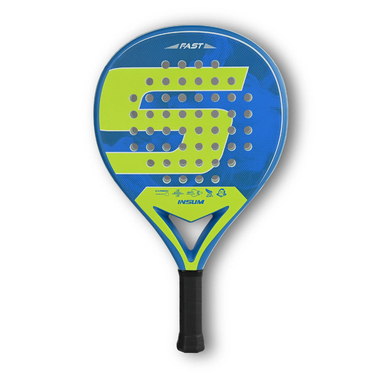 INSUM Fast Lagoon padel racket in blue and lime, front view