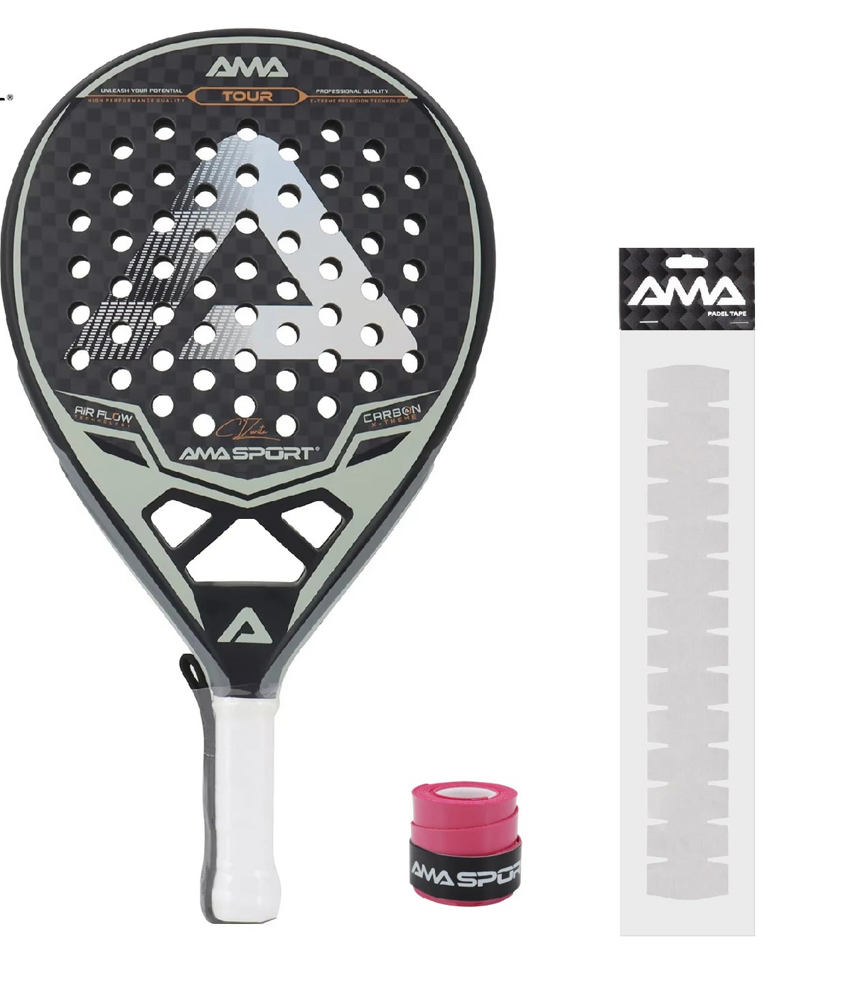 Amasport Tour padel racket with the included overgrip and clear frame protector strip