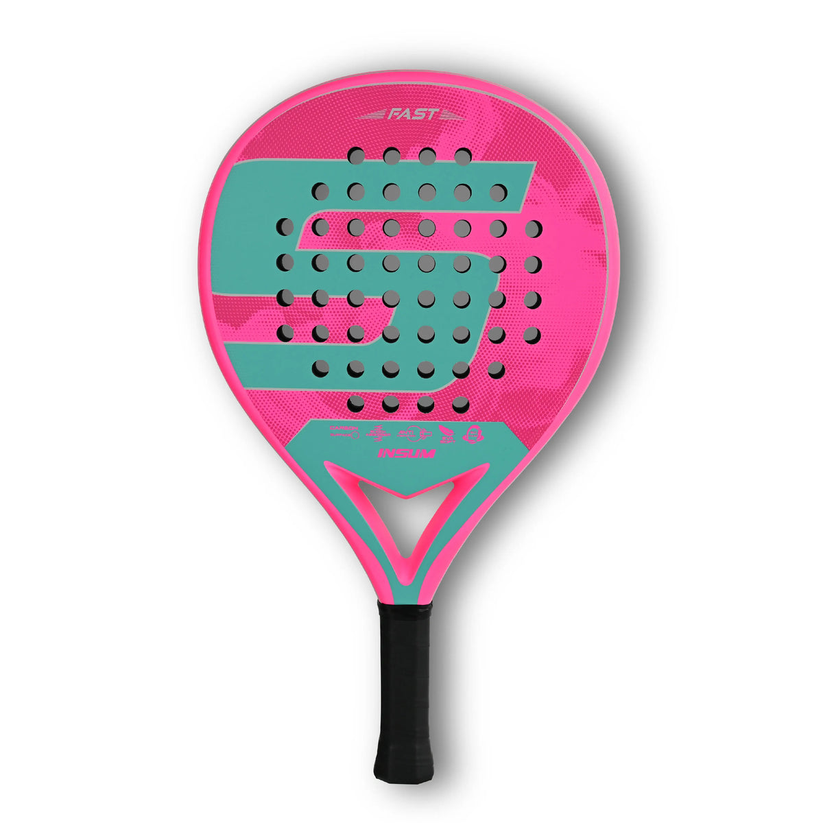 INSUM Fast Flamingo padel racket in pink and mint, front view