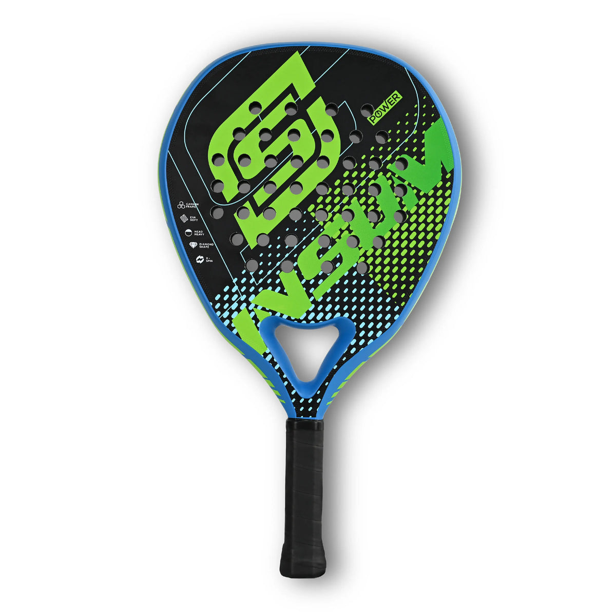 INSUM Power Venom padel racket in green and blue on black, front view